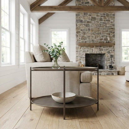Brown Steel Coffee Table with Round Top and Dual Shelves, Modern Design