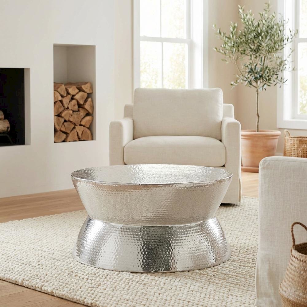 Silver Aluminum Round Coffee Table Modern Design Lightweight 1-Piece