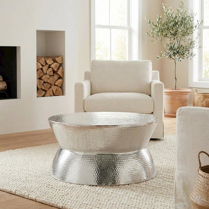 Silver Aluminum Round Coffee Table Modern Design Lightweight 1-Piece