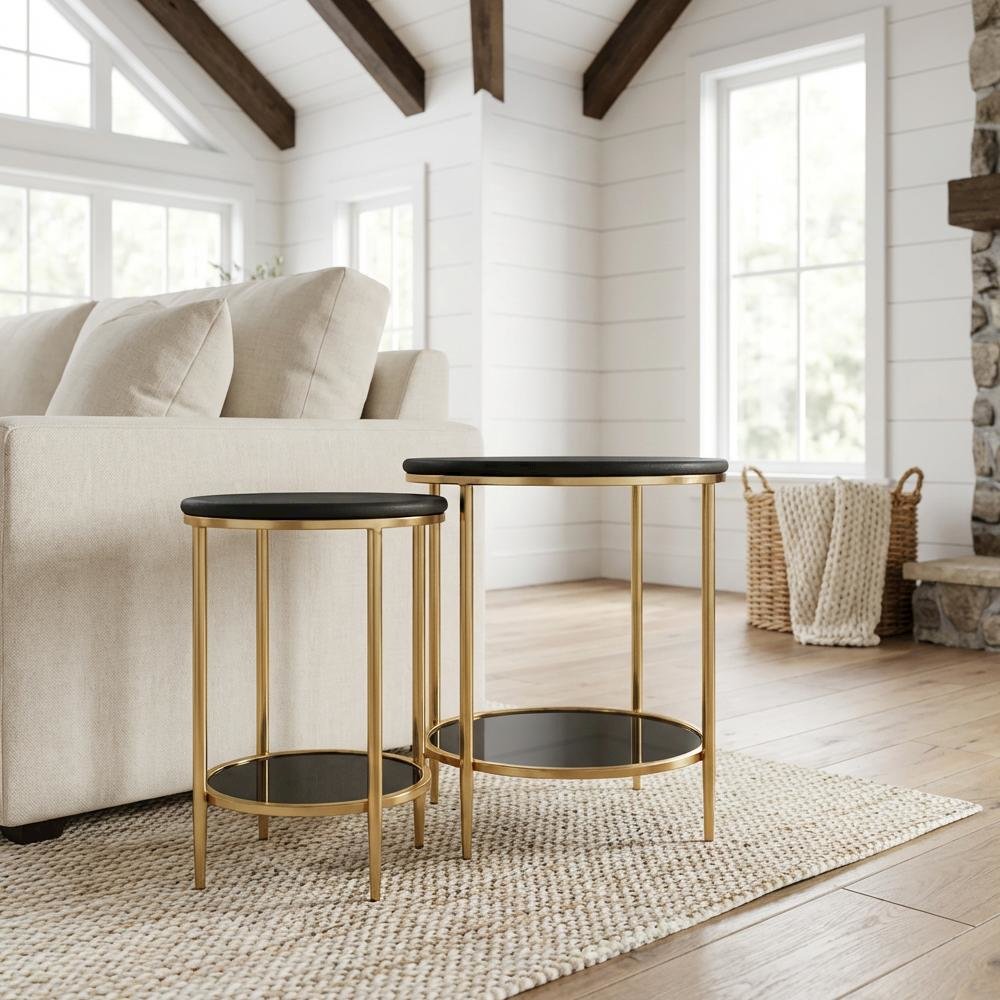 Black 2-Piece Coffee Table Set with Real Marble Tops and MDF Frame
