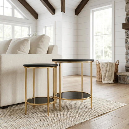 Black 2-Piece Coffee Table Set with Real Marble Tops and MDF Frame