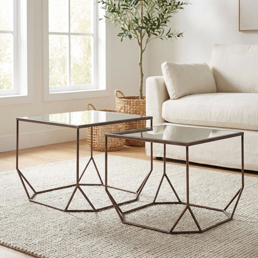 Brown 2-Piece Coffee Table Set, Glass Top and MDF Steel Frame for Living Room