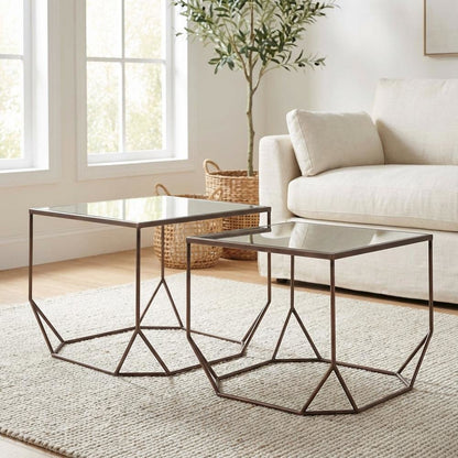 Brown 2-Piece Coffee Table Set, Glass Top and MDF Steel Frame for Living Room