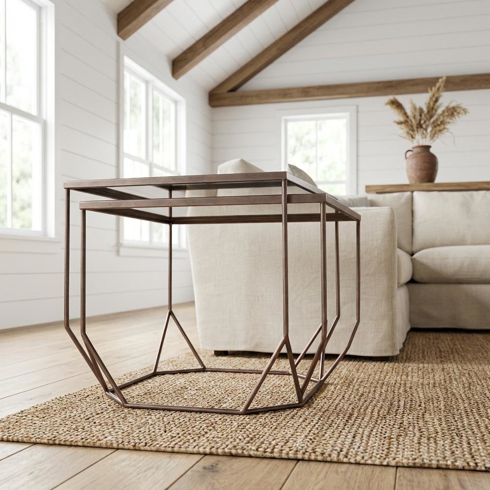 Brown 2-Piece Coffee Table Set, Glass Top and MDF Steel Frame for Living Room