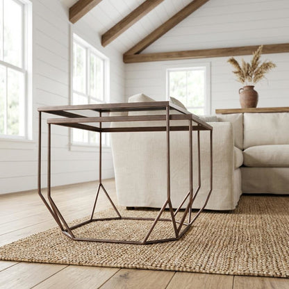 Brown 2-Piece Coffee Table Set, Glass Top and MDF Steel Frame for Living Room