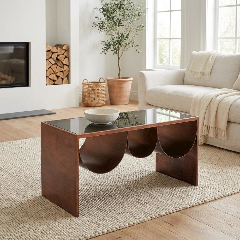 Brown Coffee Table with Tempered Glass and Steel Frame 3 Shelves Modern Design