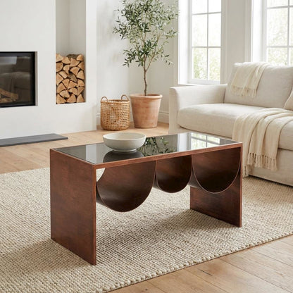 Brown Coffee Table with Tempered Glass and Steel Frame 3 Shelves Modern Design