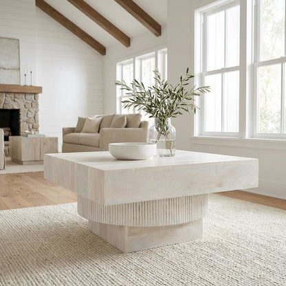 White Mango Wood Coffee Table with Square Top and Modern Design
