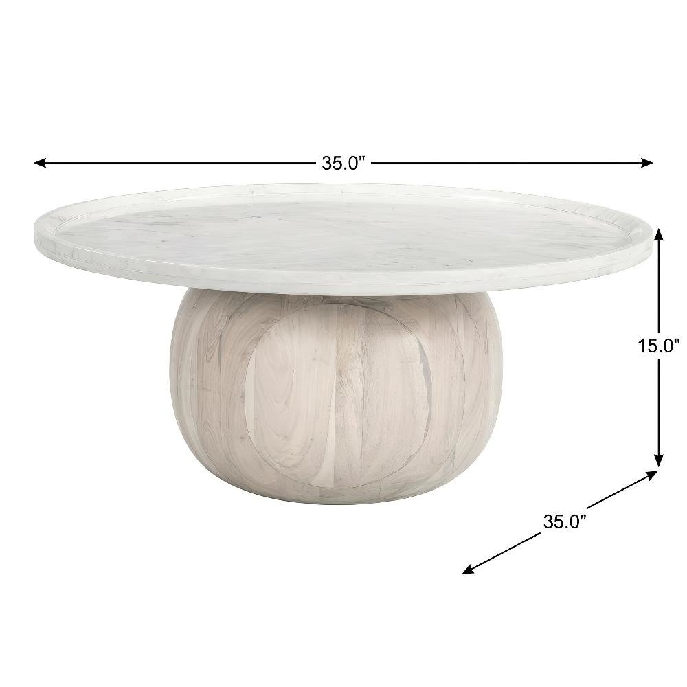 White Round Coffee Table with Real Marble Top and Acacia Wood Base