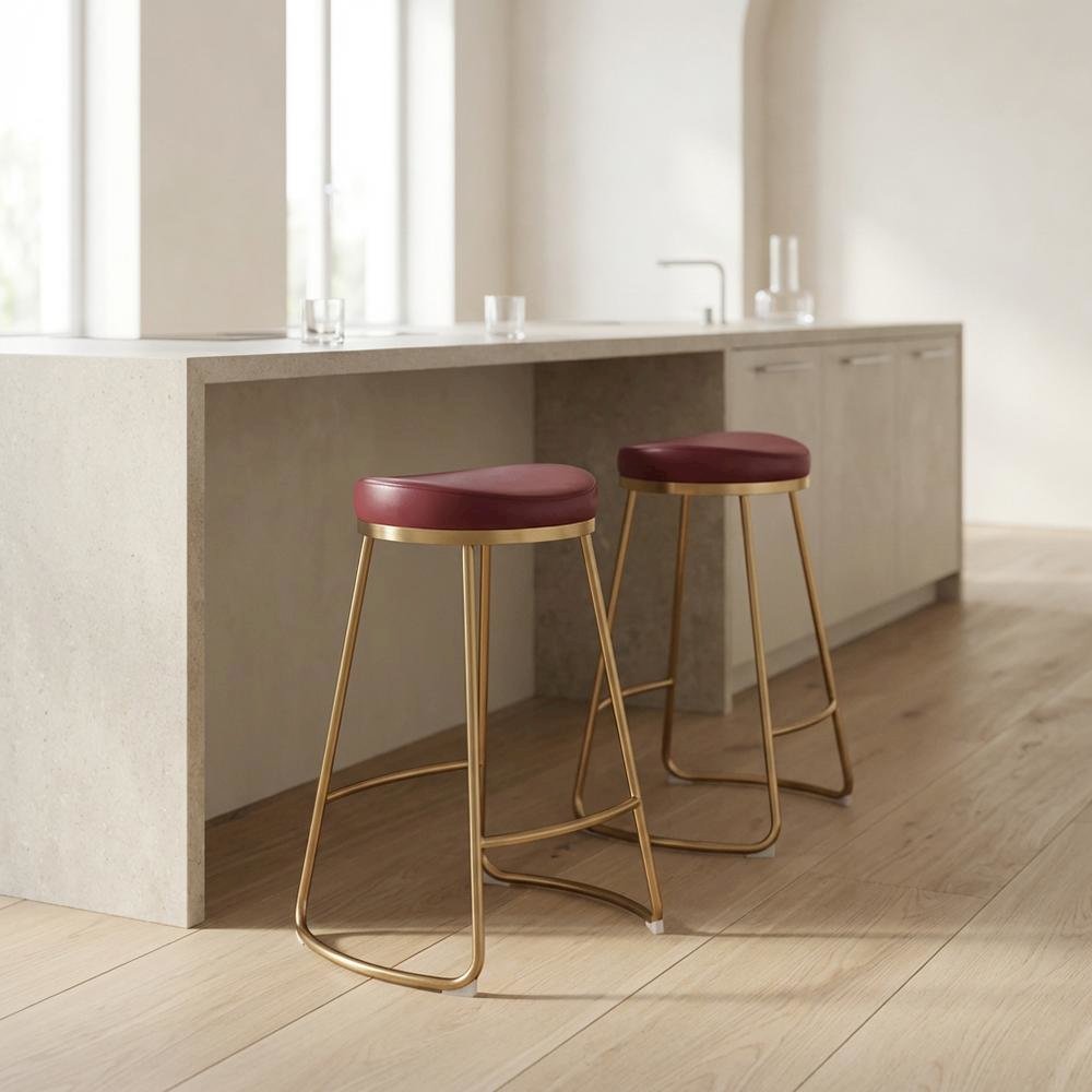 Burgundy Counter Stools Set of 2 with Plywood Frames and Upholstered Seats