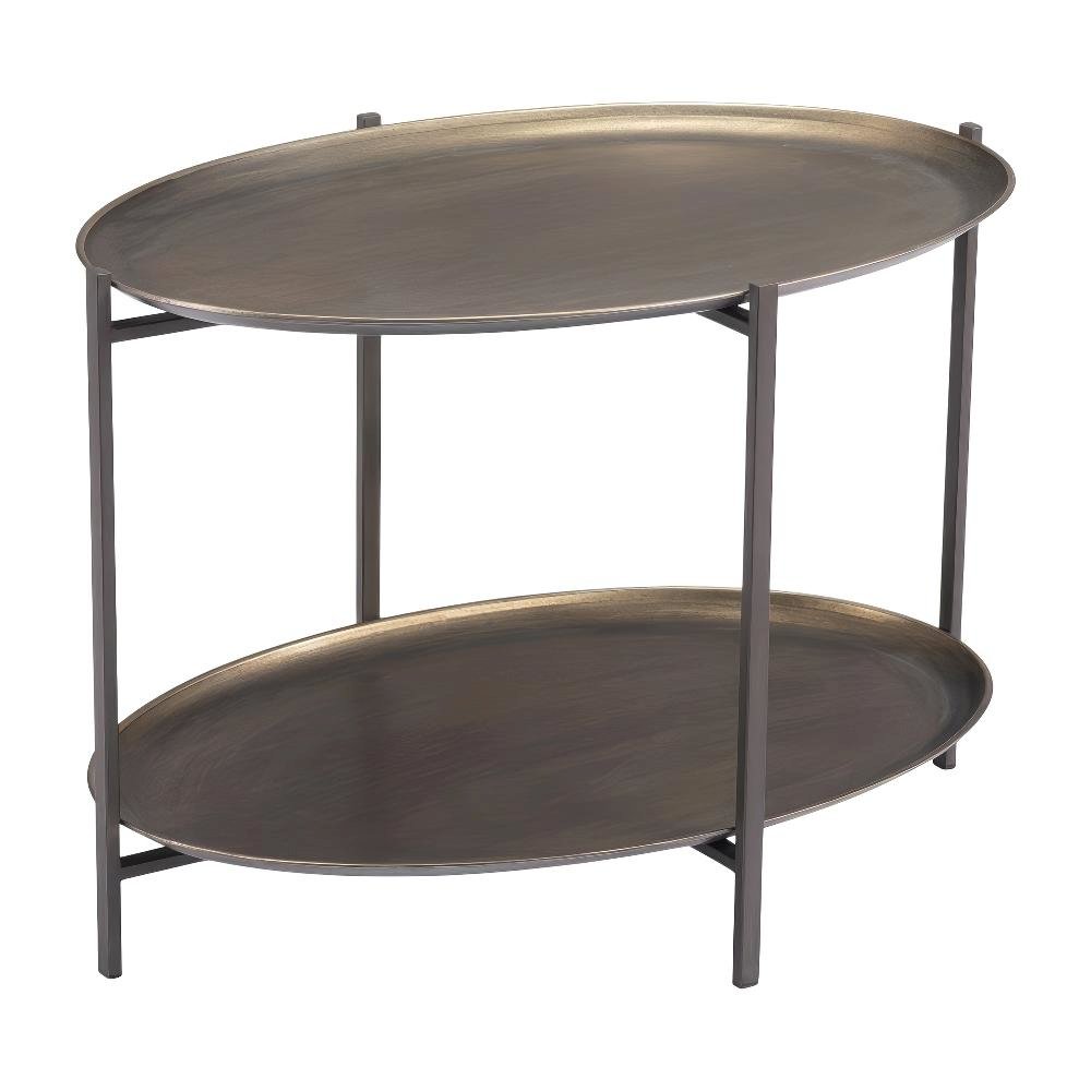 Brown Steel Coffee Table with Round Top and Dual Shelves, Modern Design