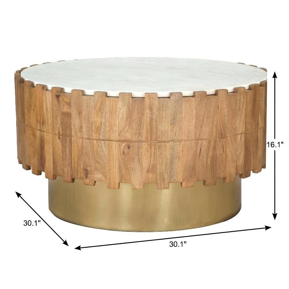 Brown Round Coffee Table with Genuine Marble Top and Mango Wood Frame