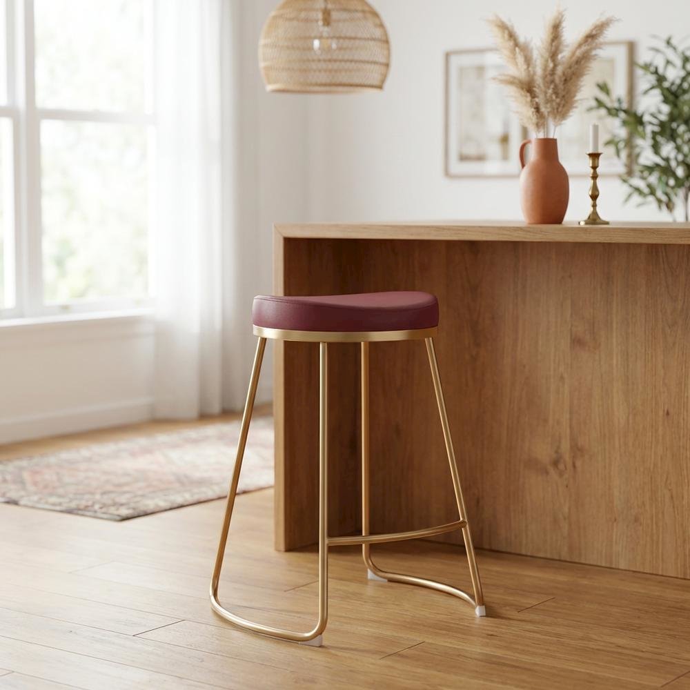 Burgundy Counter Stools Set of 2 with Plywood Frames and Upholstered Seats