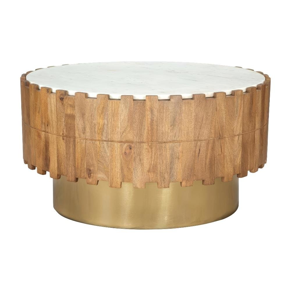 Brown Round Coffee Table with Genuine Marble Top and Mango Wood Frame