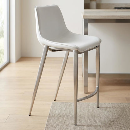 White Counter Chairs Set of 2 with Brushed Stainless Accents, Modern Design