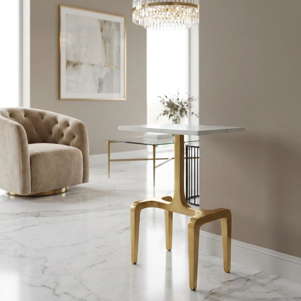 White MDF Side Table with Natural Marble Top and Modern Style