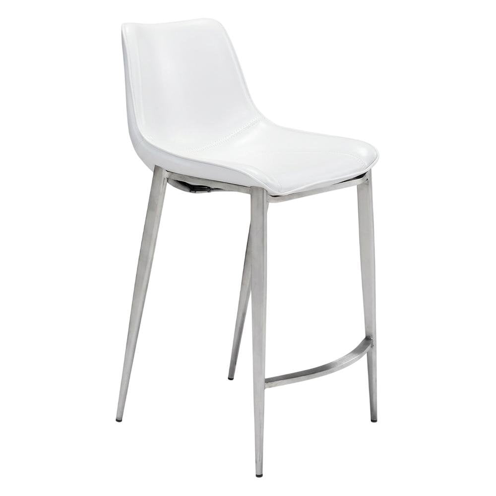 White Counter Chairs Set of 2 with Brushed Stainless Accents, Modern Design