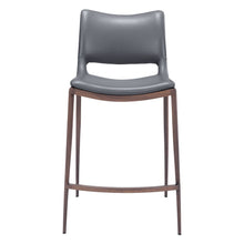 Counter Stools Set of 2, Dark Gray Faux Leather, Faux Wood Steel Legs