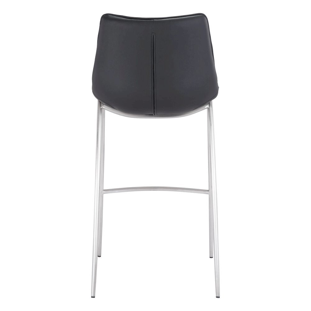 Bar Stools Set of 2, Black Faux Leather, Silver Brushed Steel