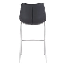 Bar Stools Set of 2, Black Faux Leather, Silver Brushed Steel