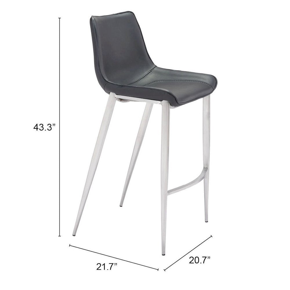 Bar Stools Set of 2, Black Faux Leather, Silver Brushed Steel