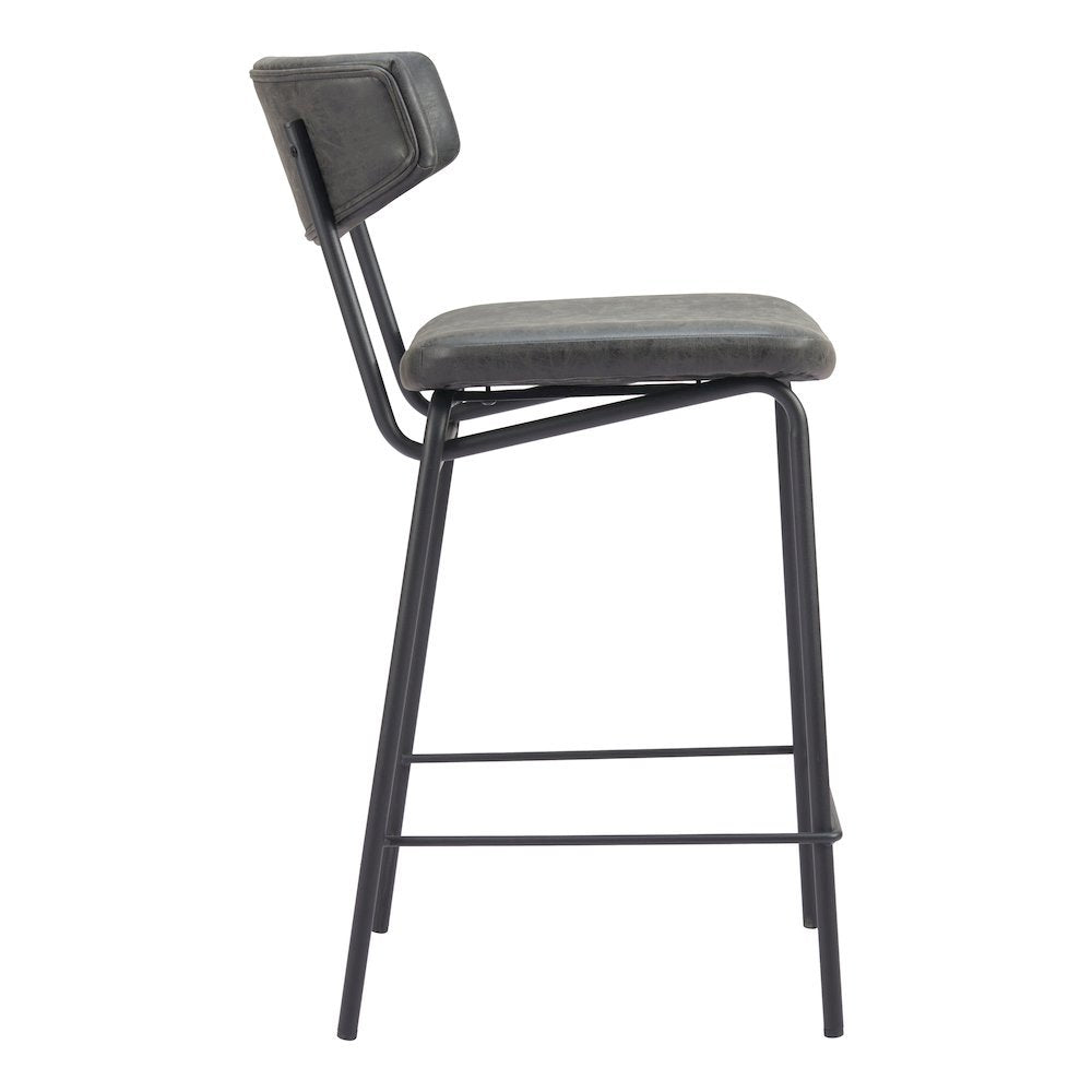 Counter Stools Set of 2, Vintage Black Faux Leather, Steel Legs