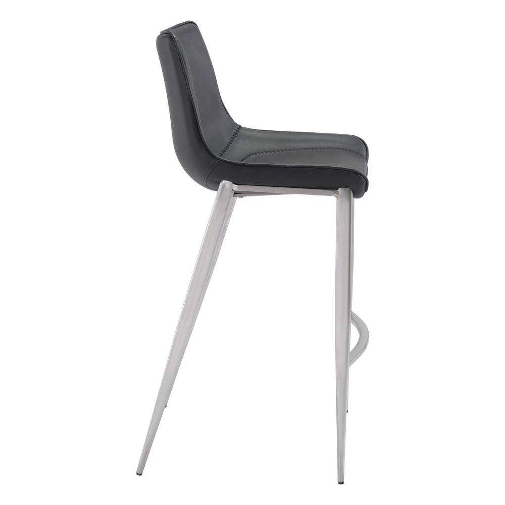Bar Stools Set of 2, Black Faux Leather, Silver Brushed Steel