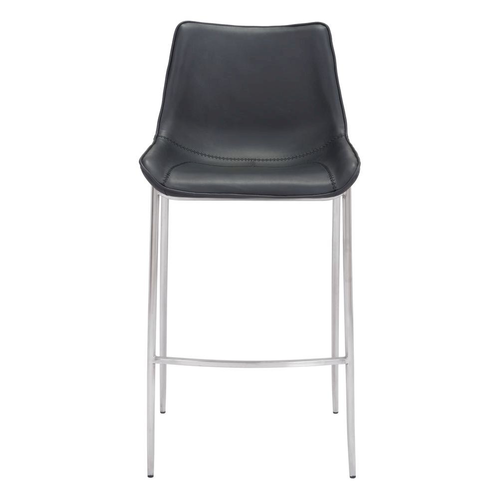 Bar Stools Set of 2, Black Faux Leather, Silver Brushed Steel