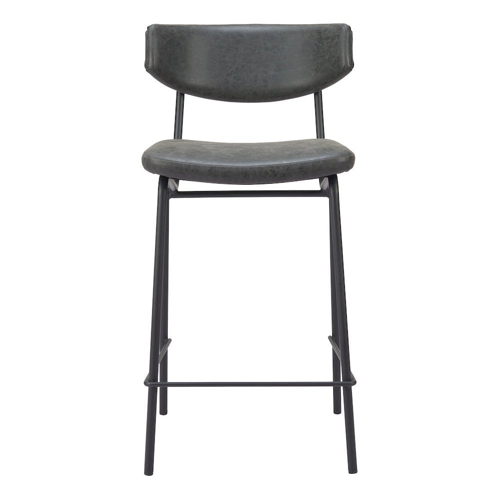 Counter Stools Set of 2, Vintage Black Faux Leather, Steel Legs
