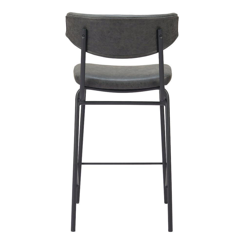Counter Stools Set of 2, Vintage Black Faux Leather, Steel Legs