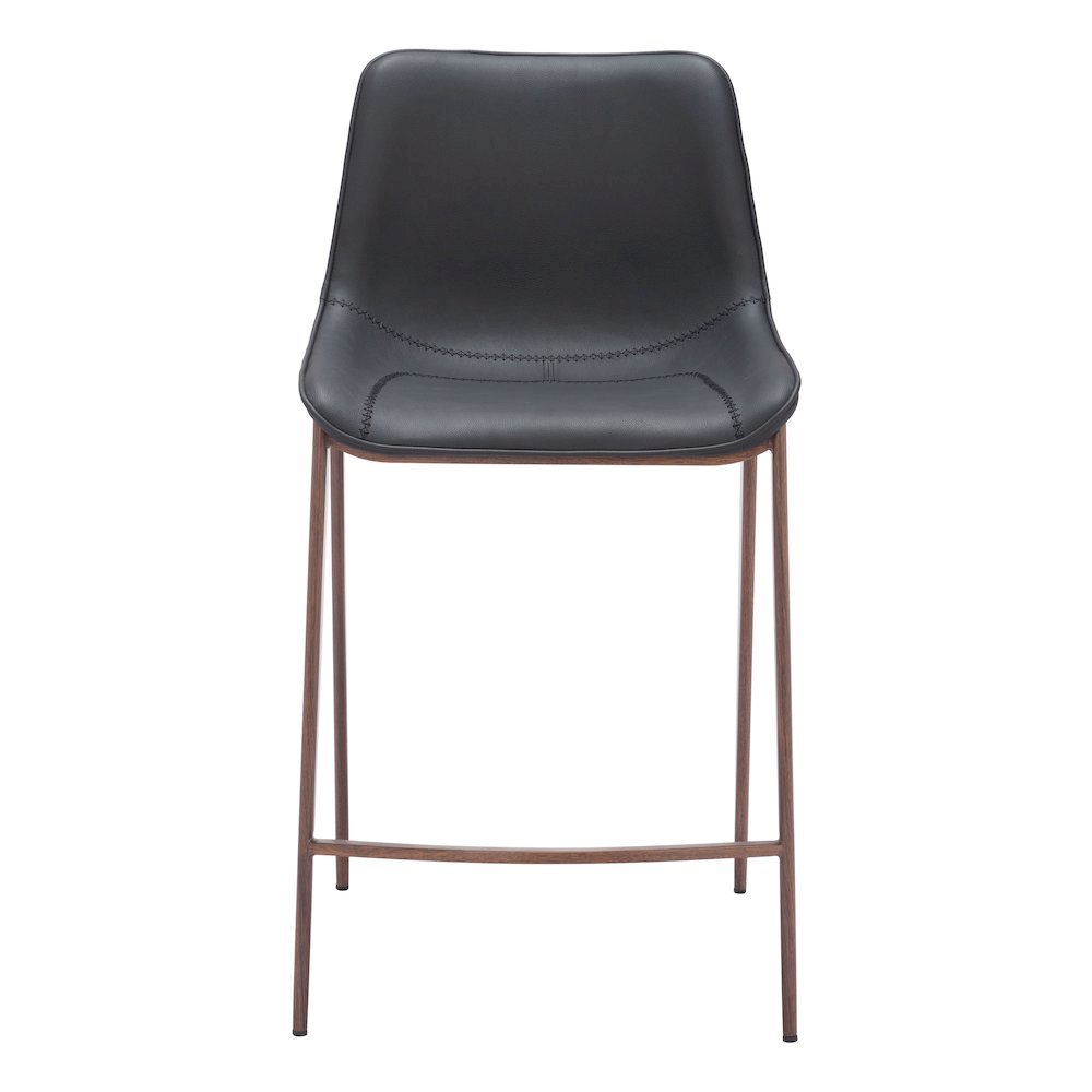 Counter Stools Set of 2, Black Faux Leather, Faux Wood Steel Legs