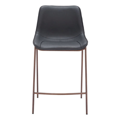 Counter Stools Set of 2, Black Faux Leather, Faux Wood Steel Legs