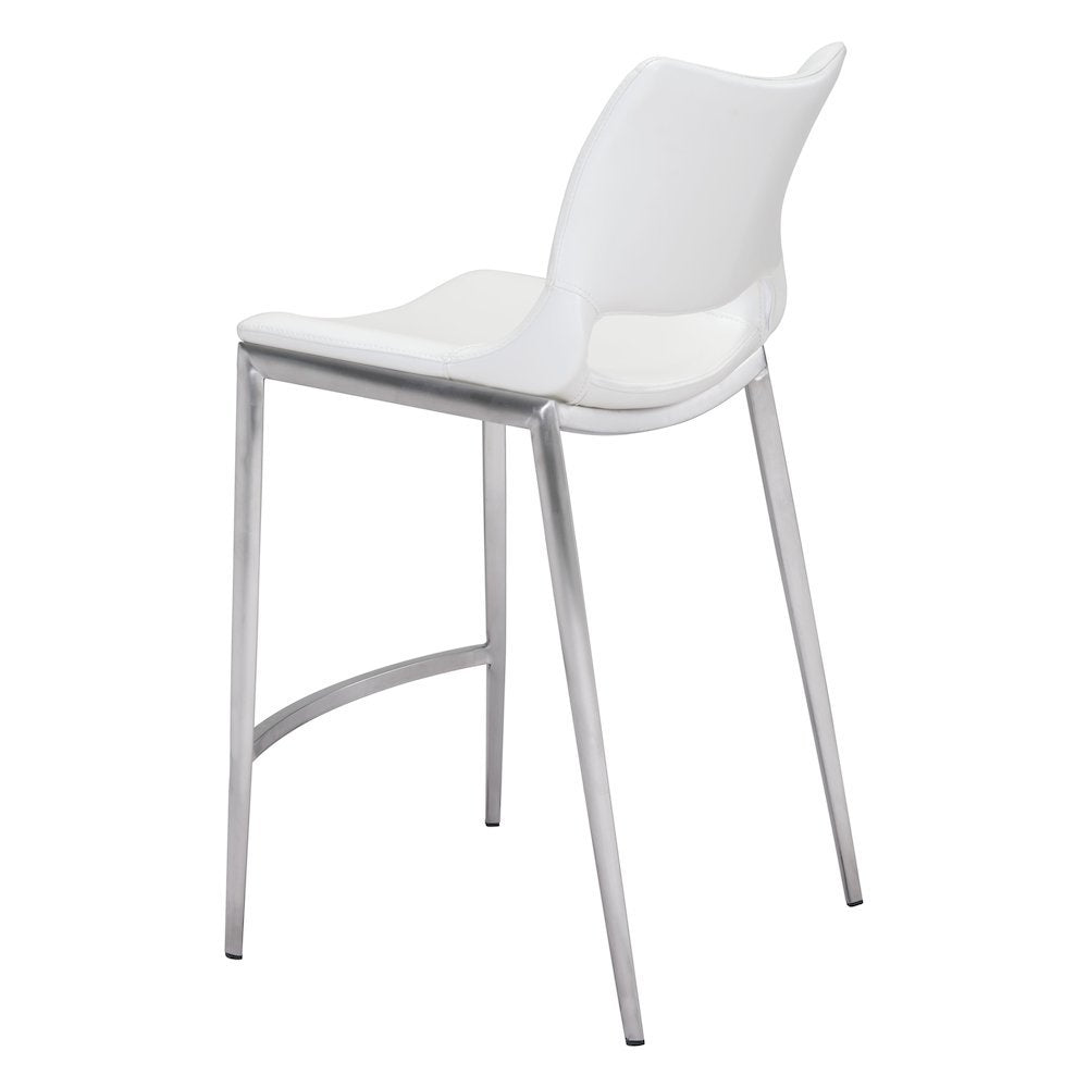 Counter Stools Set of 2, White Faux Leather, Silver Steel Legs