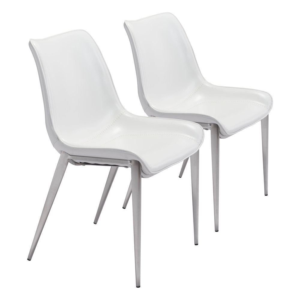Dining Chairs Set of 2, White Faux Leather, Silver Legs