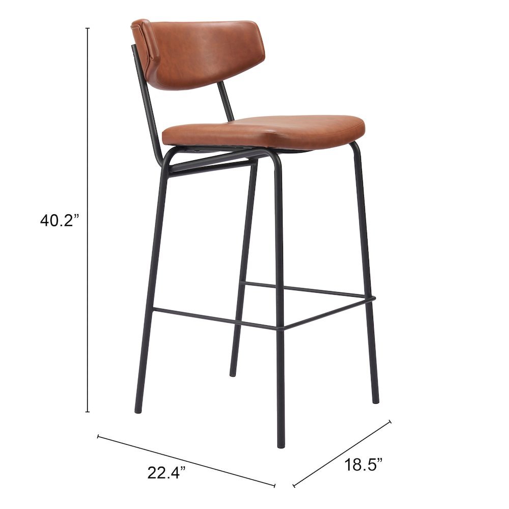 Bar Stools Set of 2, Vintage Brown Faux Leather, Steel Legs