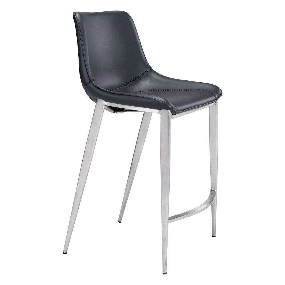 Counter Stools Set of 2, Black Faux Leather, Silver Steel Legs
