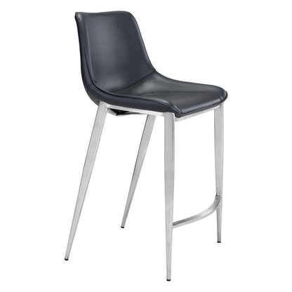 Counter Stools Set of 2, Black Faux Leather, Silver Steel Legs