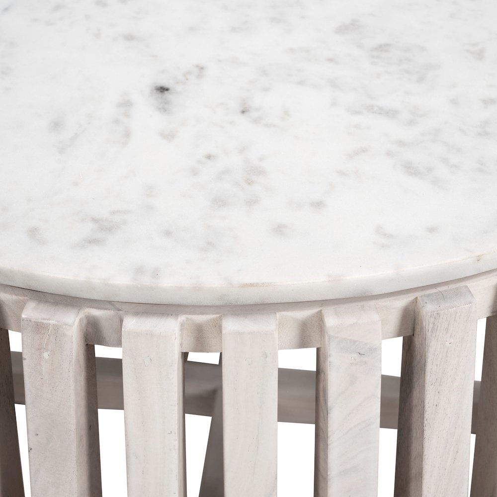 Coffee Table, White Marble, Round Top, Acacia Wood Base
