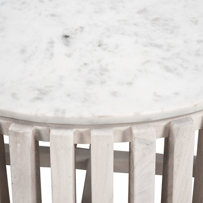 Coffee Table, White Marble, Round Top, Acacia Wood Base