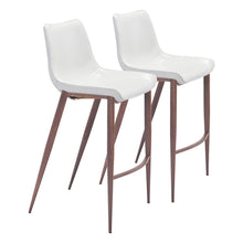 Bar Stools Set of 2, White Faux Leather, Faux Wood Steel Legs