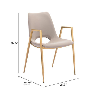 Dining Chairs Set of 2, Beige Faux Leather, Electroplated Gold Legs