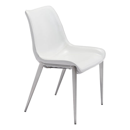 Dining Chairs Set of 2, White Faux Leather, Silver Legs