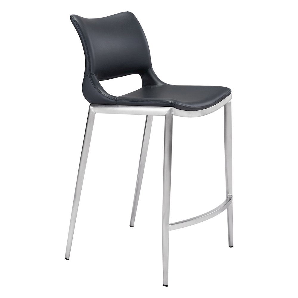 Counter Stools Set of 2, Black Faux Leather, Silver Steel Legs