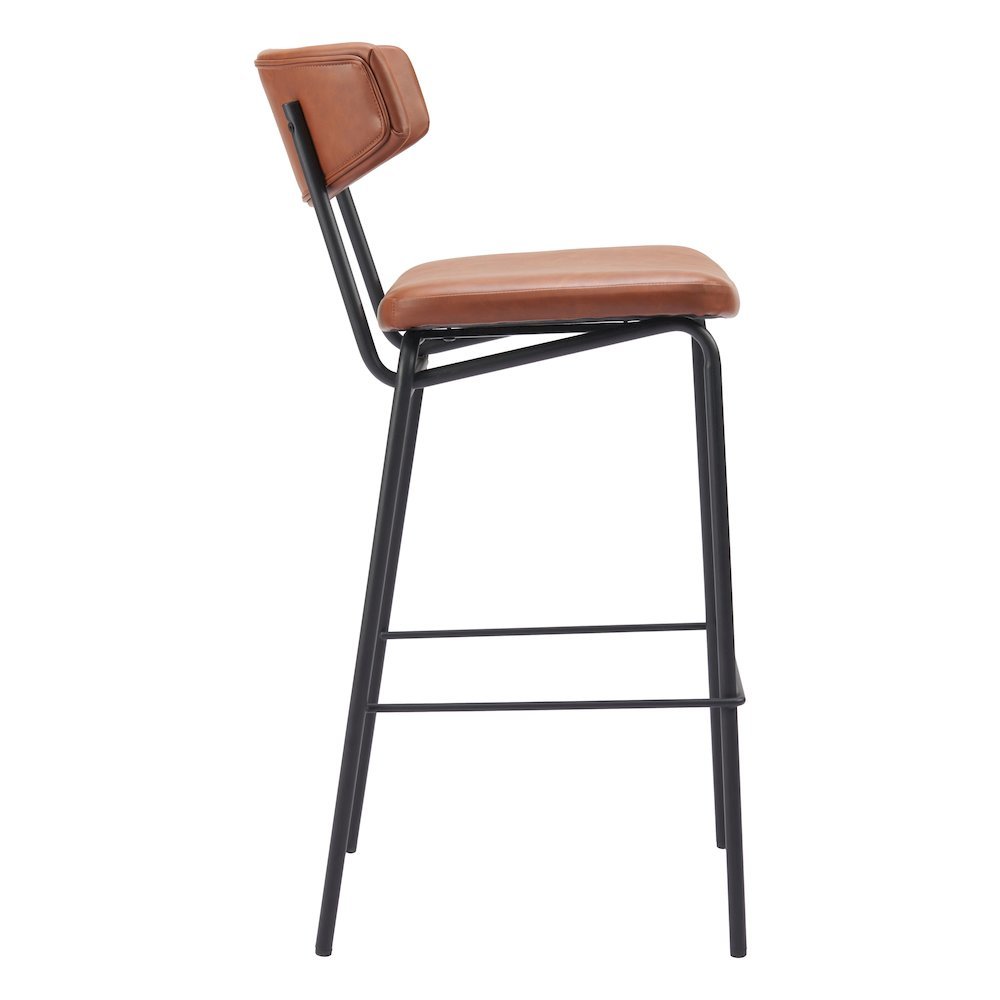 Bar Stools Set of 2, Vintage Brown Faux Leather, Steel Legs