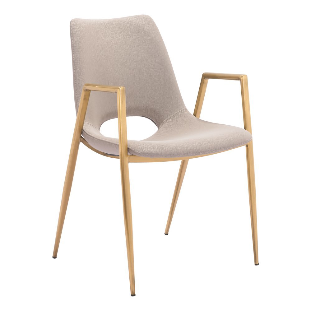 Dining Chairs Set of 2, Beige Faux Leather, Electroplated Gold Legs