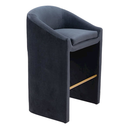 Bar Stool, Midnight Gray Velvet, Plywood Legs, Ergonomic Footrest