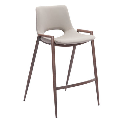 Counter Stools Set of 2, Beige Faux Leather, Faux Wood Steel Legs