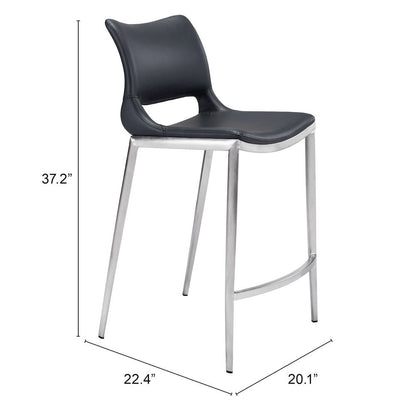 Counter Stools Set of 2, Black Faux Leather, Silver Steel Legs