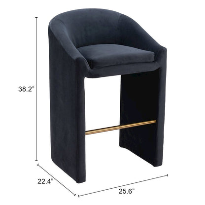 Bar Stool, Midnight Gray Velvet, Plywood Legs, Ergonomic Footrest