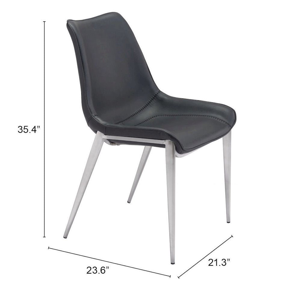 Dining Chairs Set of 2, Black Faux Leather, Silver Steel Legs